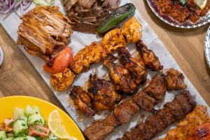 Turkish mix platter plate with chicken, meat, doner kebab