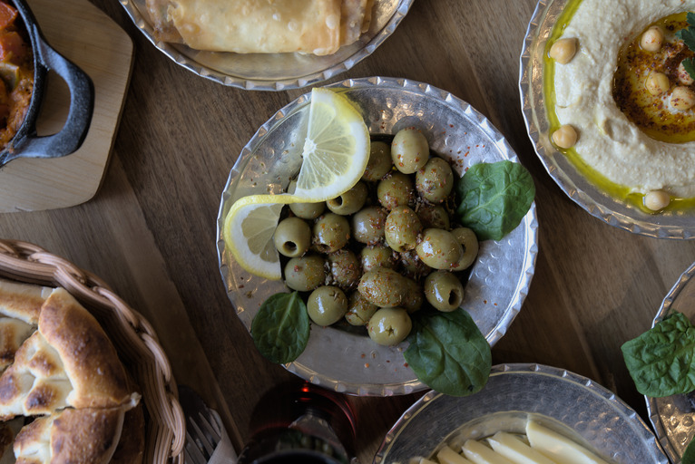 green olives on traditional turkish breakfast table